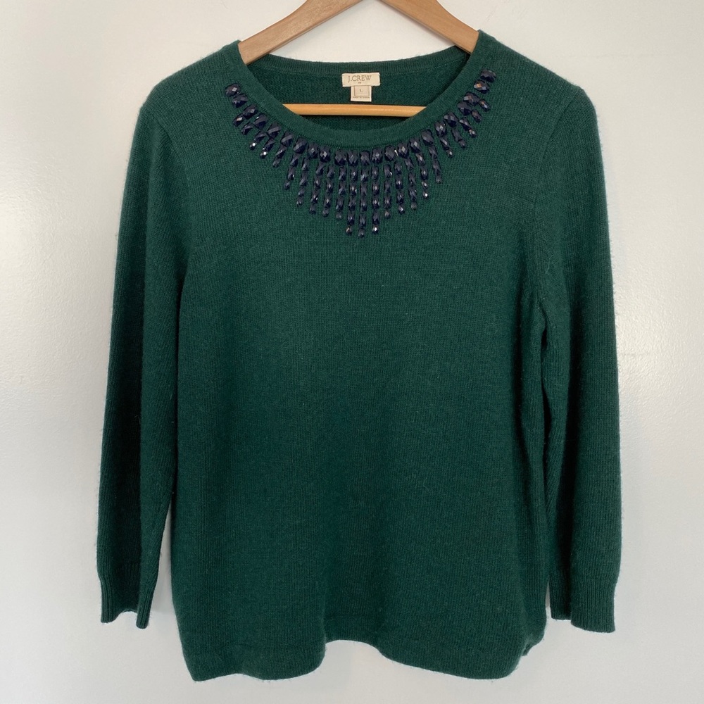 J. Crew Forest Green Beaded Crew Neck Sweater